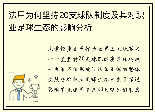 法甲为何坚持20支球队制度及其对职业足球生态的影响分析