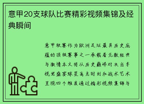 意甲20支球队比赛精彩视频集锦及经典瞬间